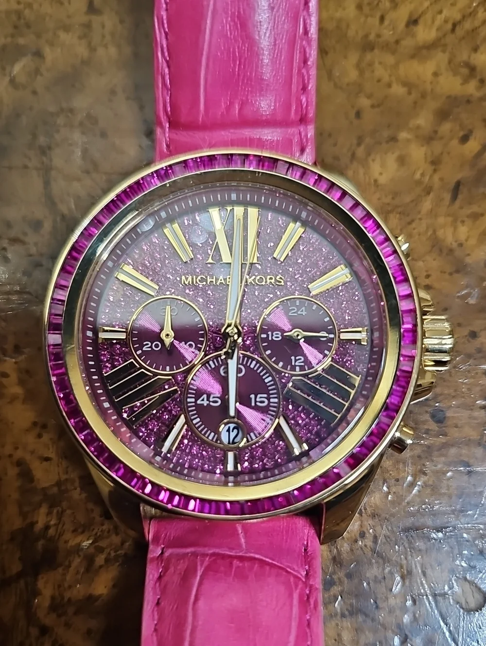 Michael Kors Hot Pink Glitter Chronograph Watch with Gold Accents